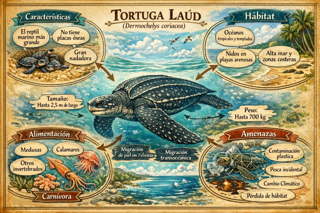Una representación gráfica de Mapa Conceptual de [Tortuga laúd (Dermochelys coriacea)]