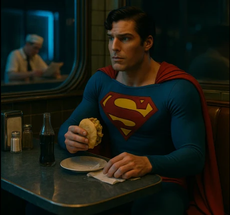 Una representación gráfica de Superman comiendo Arepa
