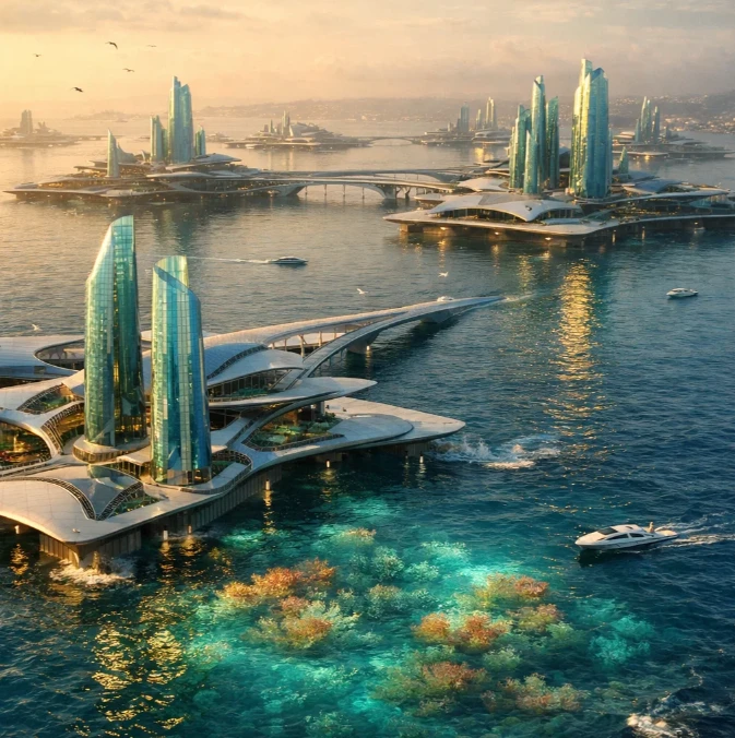 Una representación gráfica de Ciudad Futurista en el Mar